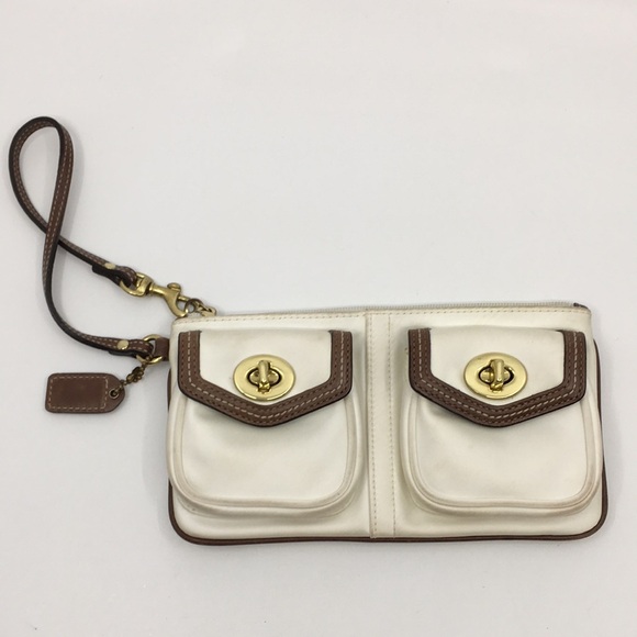 Coach Handbags - Coach Satin and Leather cream and brown double Turnlock Wristlet